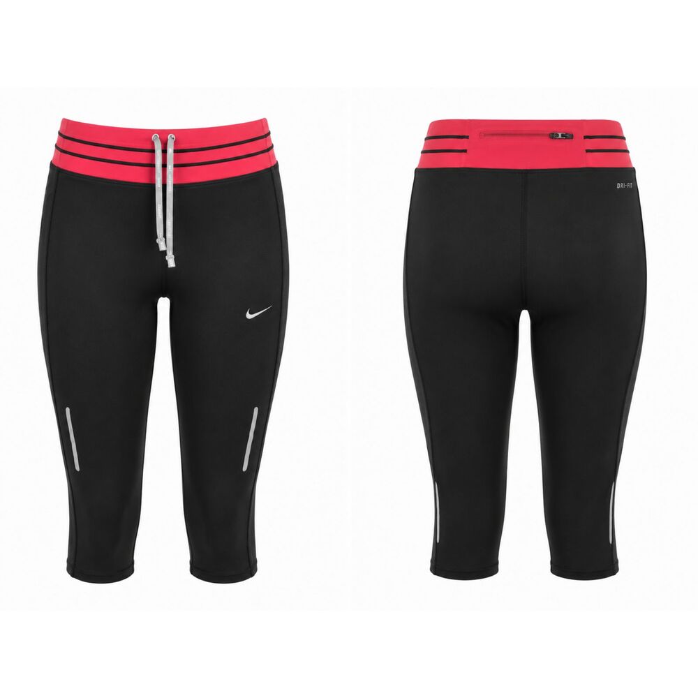 Nike Dri-FIT Cropped Capri Leggings Black Pink Reflective Running Yoga Size S